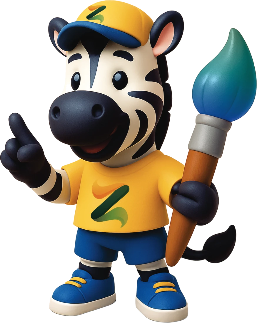 Mascote Zebrinha Pintor segurando um pincel
